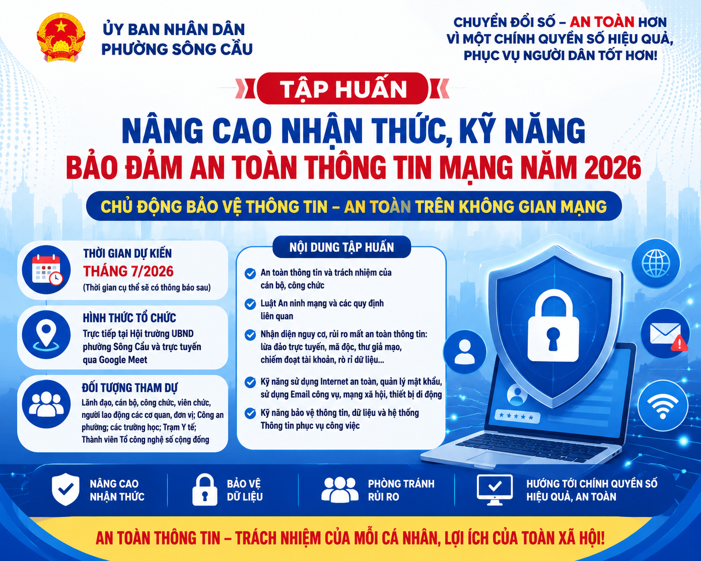 UBND phường Sông Cầu ban hành kế hoạch tổ chức tập huấn nâng cao nhận thức, kỹ năng bảo đảm an toàn thông tin mạng năm 2026