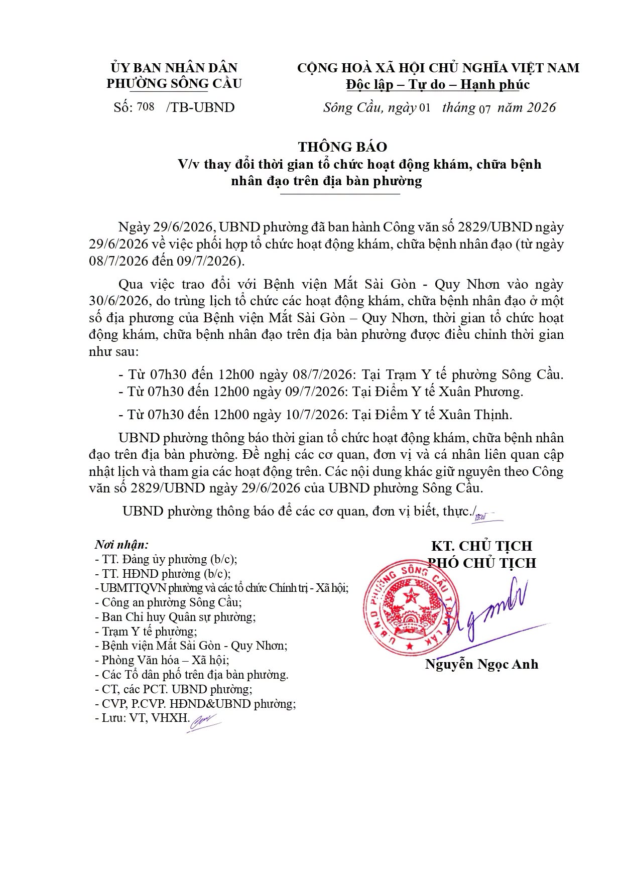 Thông báo Tổ chức hoạt động khám, chữa bệnh nhân đạo trên địa bàn phường Sông Cầu